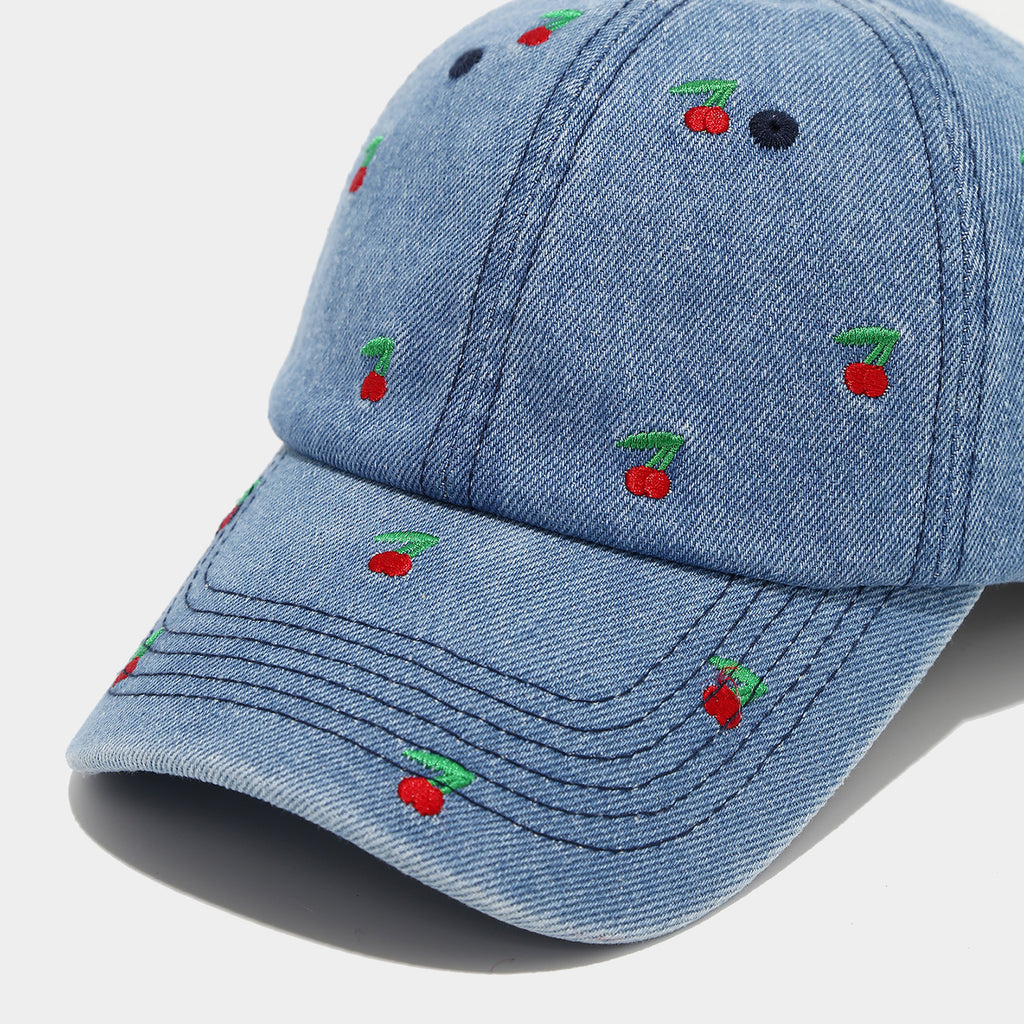 Washed Denim Cap with Cherry Embroidery - view 3