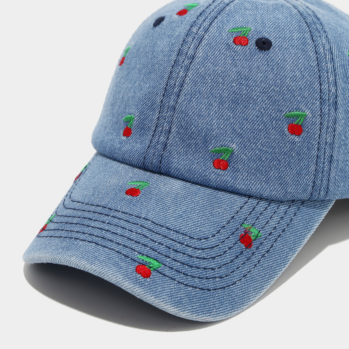 Washed Denim Cap with Cherry Embroidery - view 3