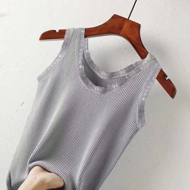 Lace Trim Ribbed Modal Tank Top - grey