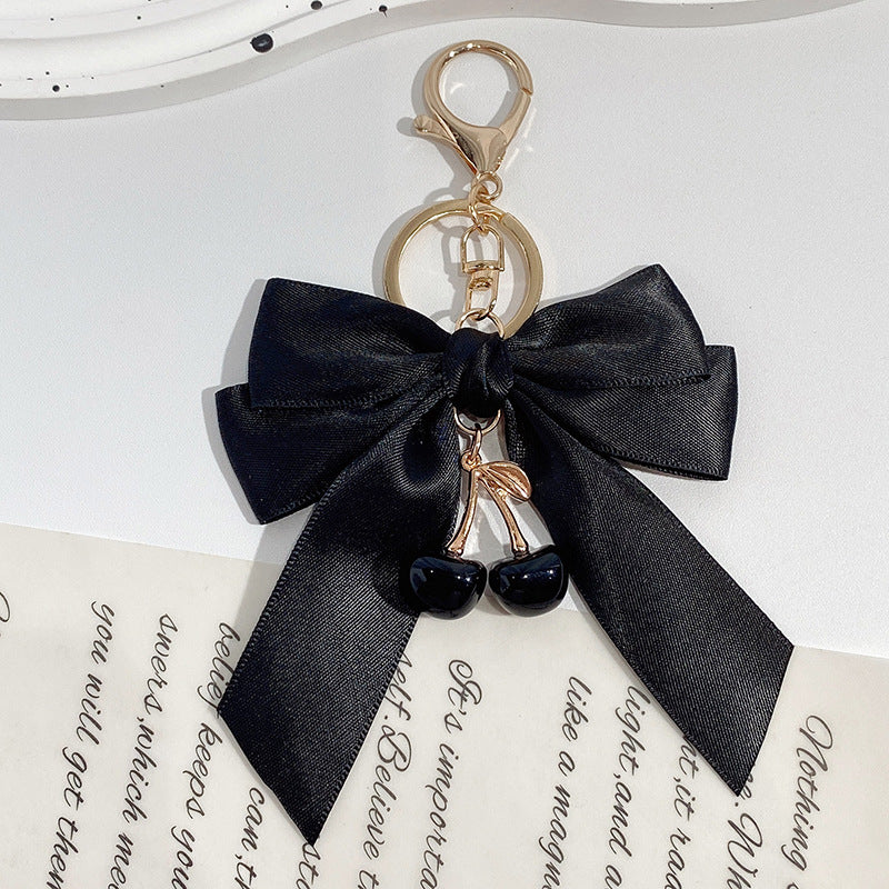 Oversized Satin Bow Translucent Cherry Keychain - Black