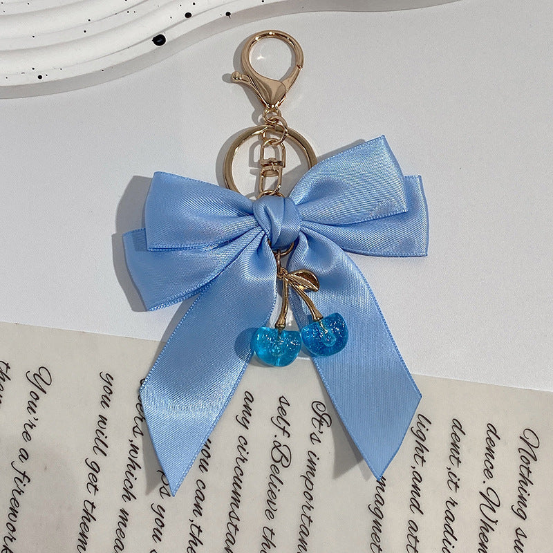 Oversized Satin Bow Translucent Cherry Keychain - Blue