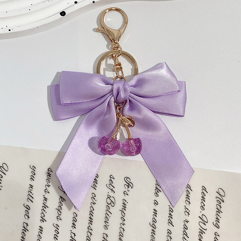 Oversized Satin Bow Translucent Cherry Keychain - Purple