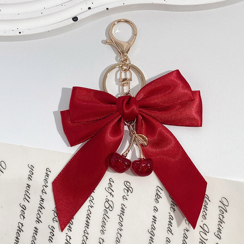 Oversized Satin Bow Translucent Cherry Keychain - Wine_Red