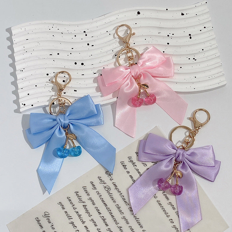 Oversized Satin Bow Translucent Cherry Keychain