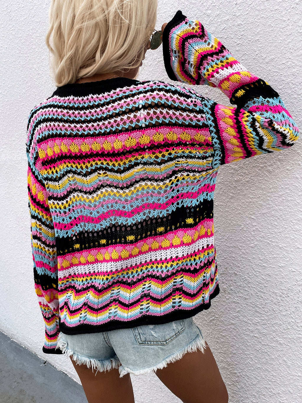 Rainbow Stripe Knit Button Cardigan - Black