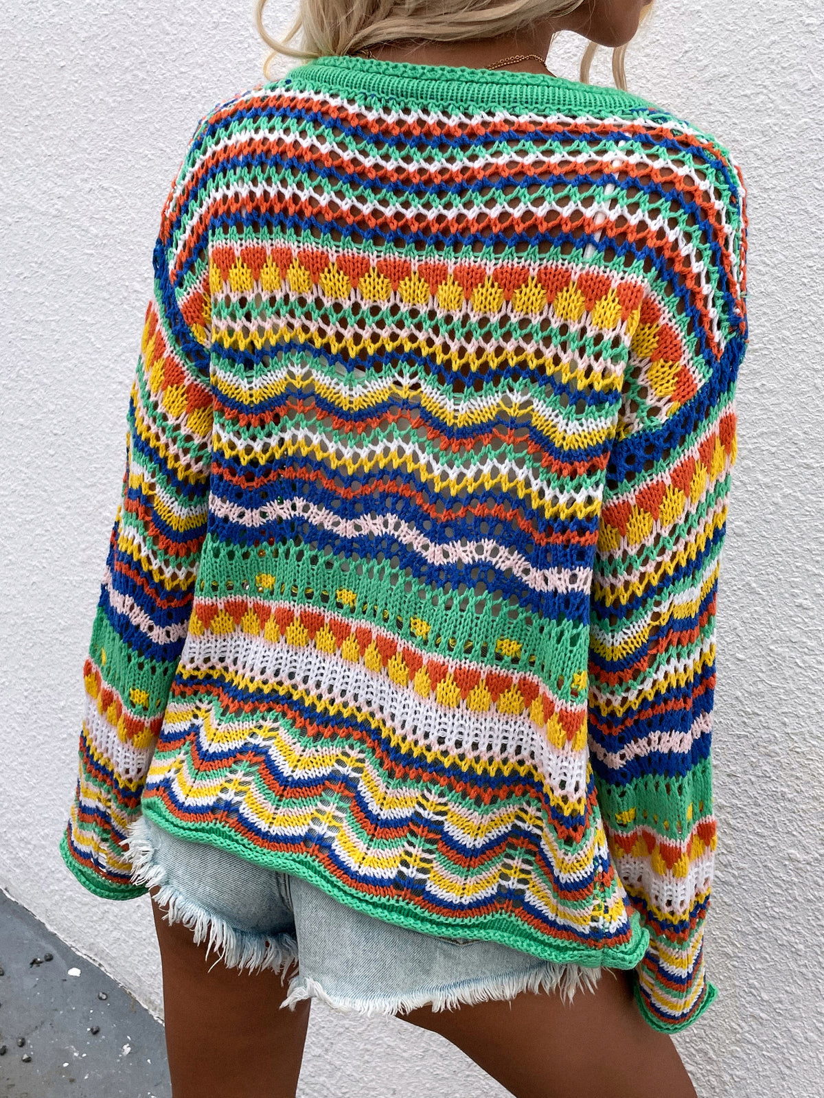 Rainbow Stripe Knit Button Cardigan - Green - 1