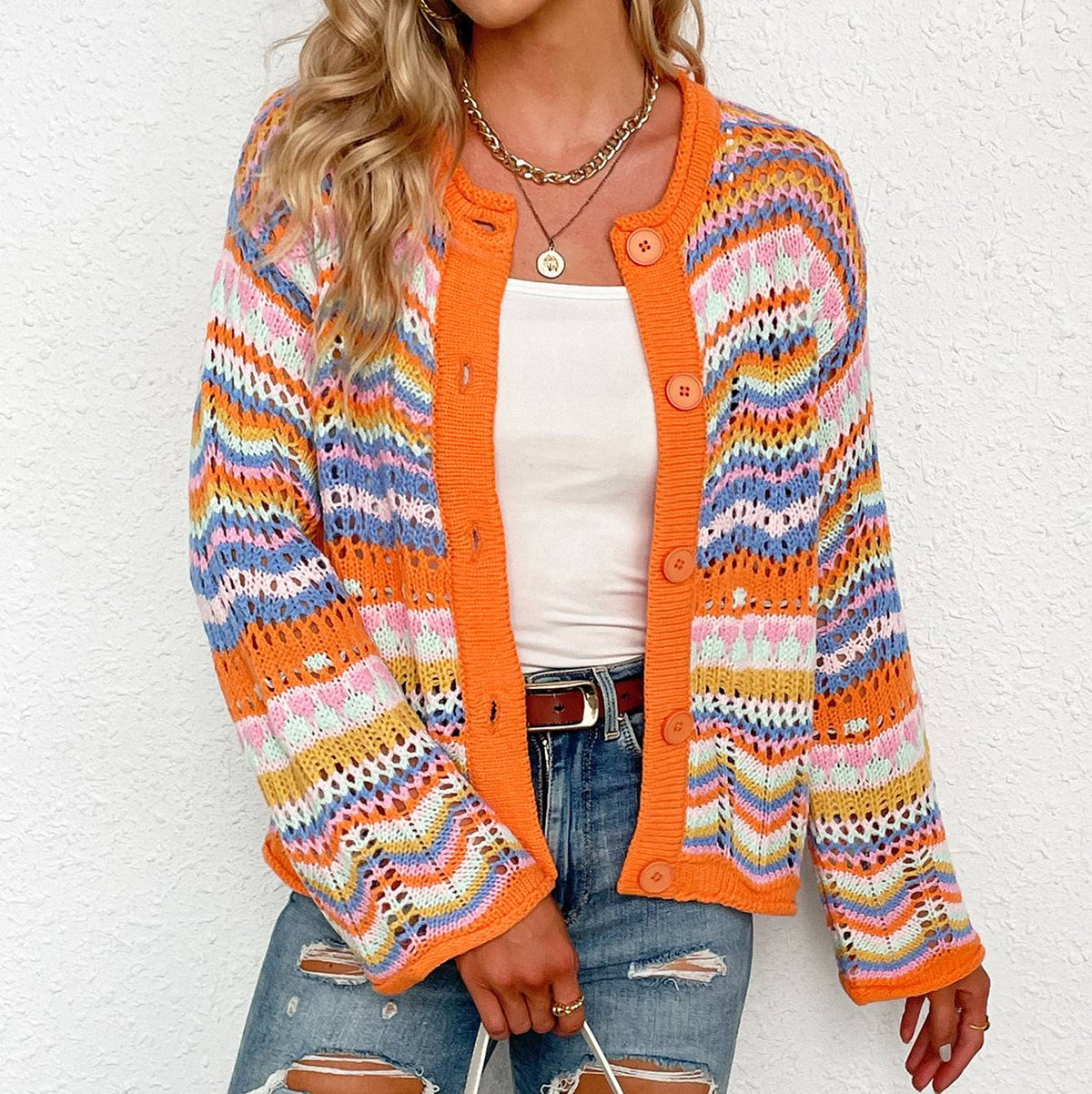Rainbow Stripe Knit Button Cardigan - Orange