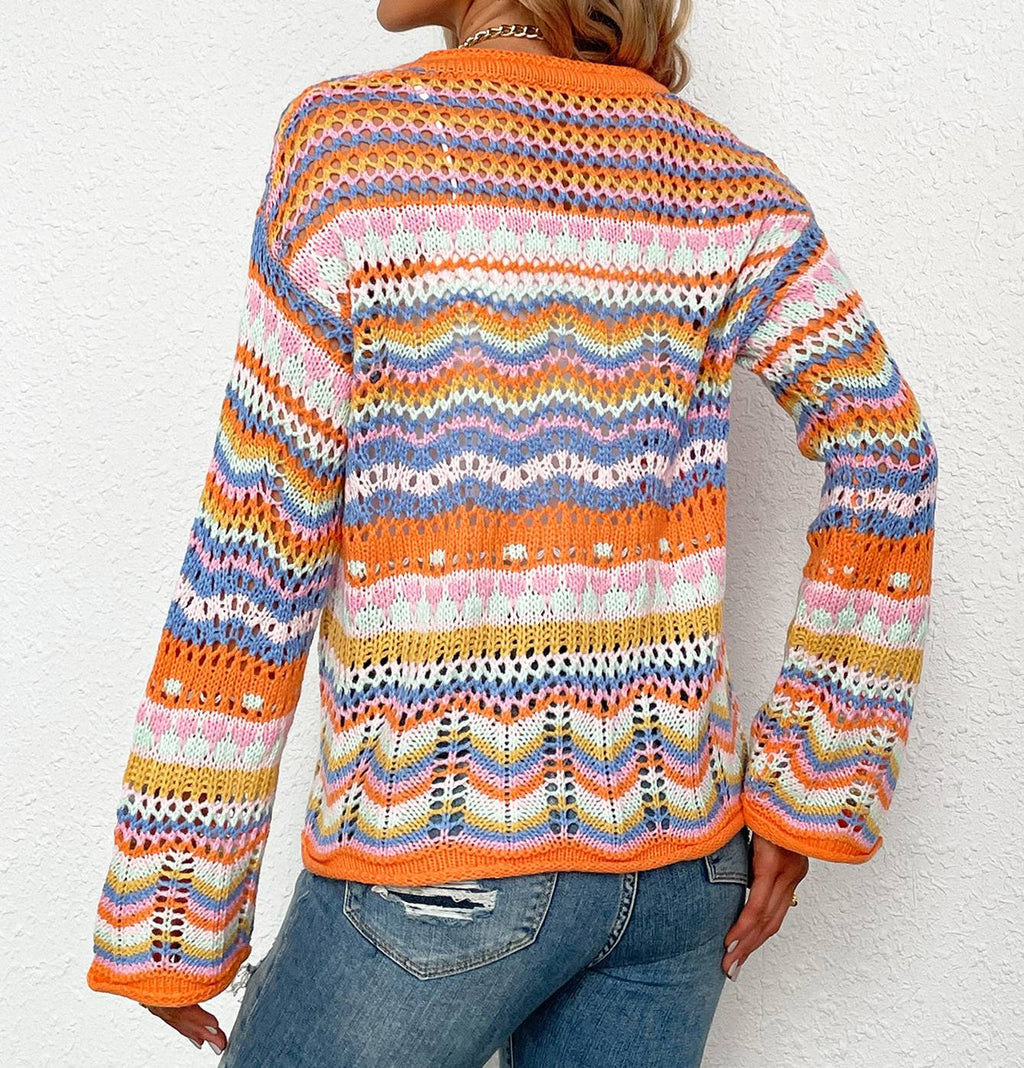 Rainbow Stripe Knit Button Cardigan - Orange - 1