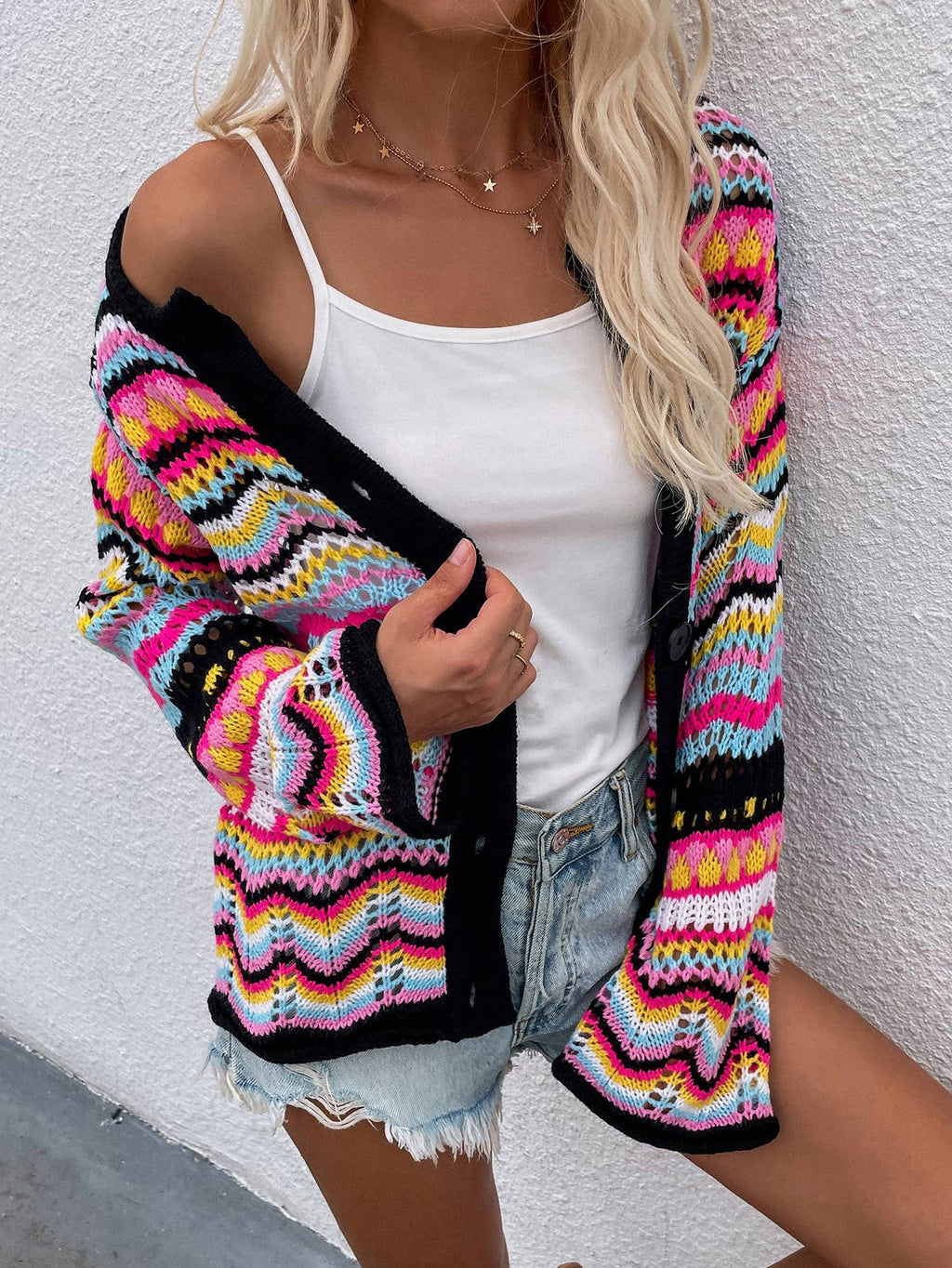 Rainbow Stripe Knit Button Cardigan