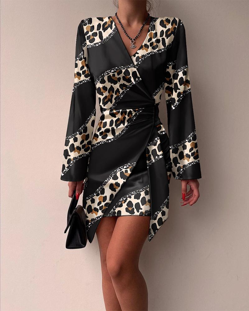 Leopard Colorblock Ruched Wrap Mini Dress - Black
