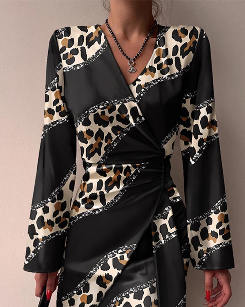 Leopard Colorblock Ruched Wrap Mini Dress - Black - 1