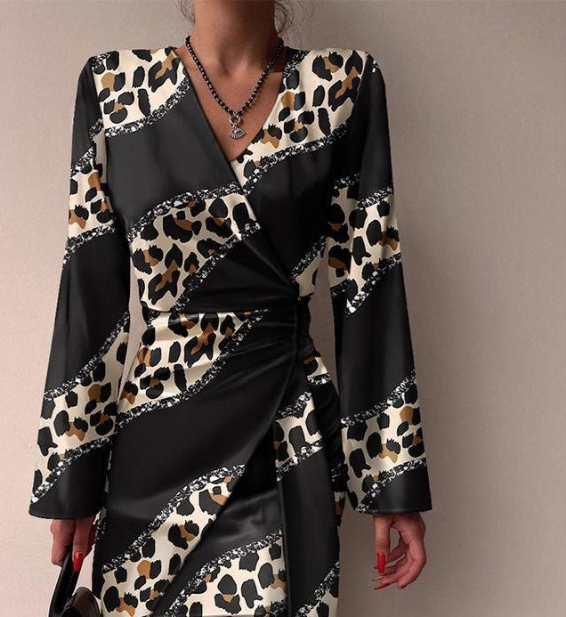Leopard Colorblock Ruched Wrap Mini Dress - Black - 2
