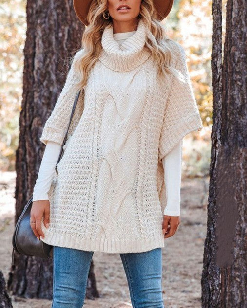 Chunky Cable Turtleneck Cape Sleeve Sweater - Apricot