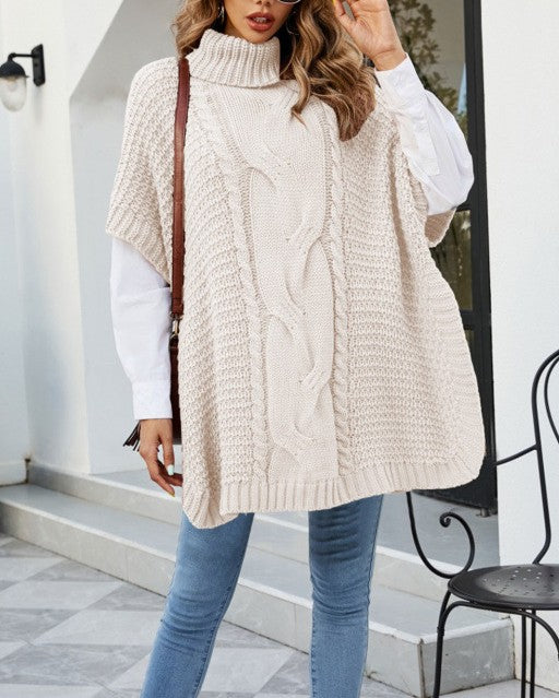 Chunky Cable Turtleneck Cape Sleeve Sweater - Apricot - 1