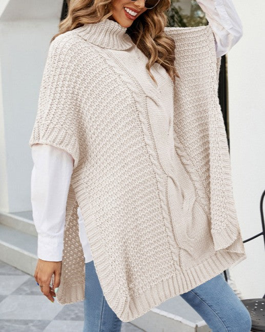 Chunky Cable Turtleneck Cape Sleeve Sweater - Apricot - 2
