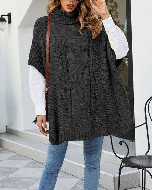 Chunky Cable Turtleneck Cape Sleeve Sweater - Black