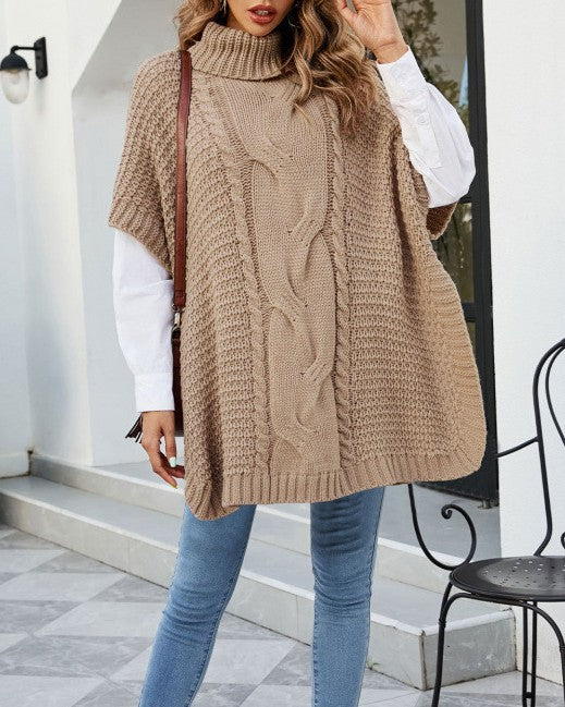 Chunky Cable Turtleneck Cape Sleeve Sweater - Khaki