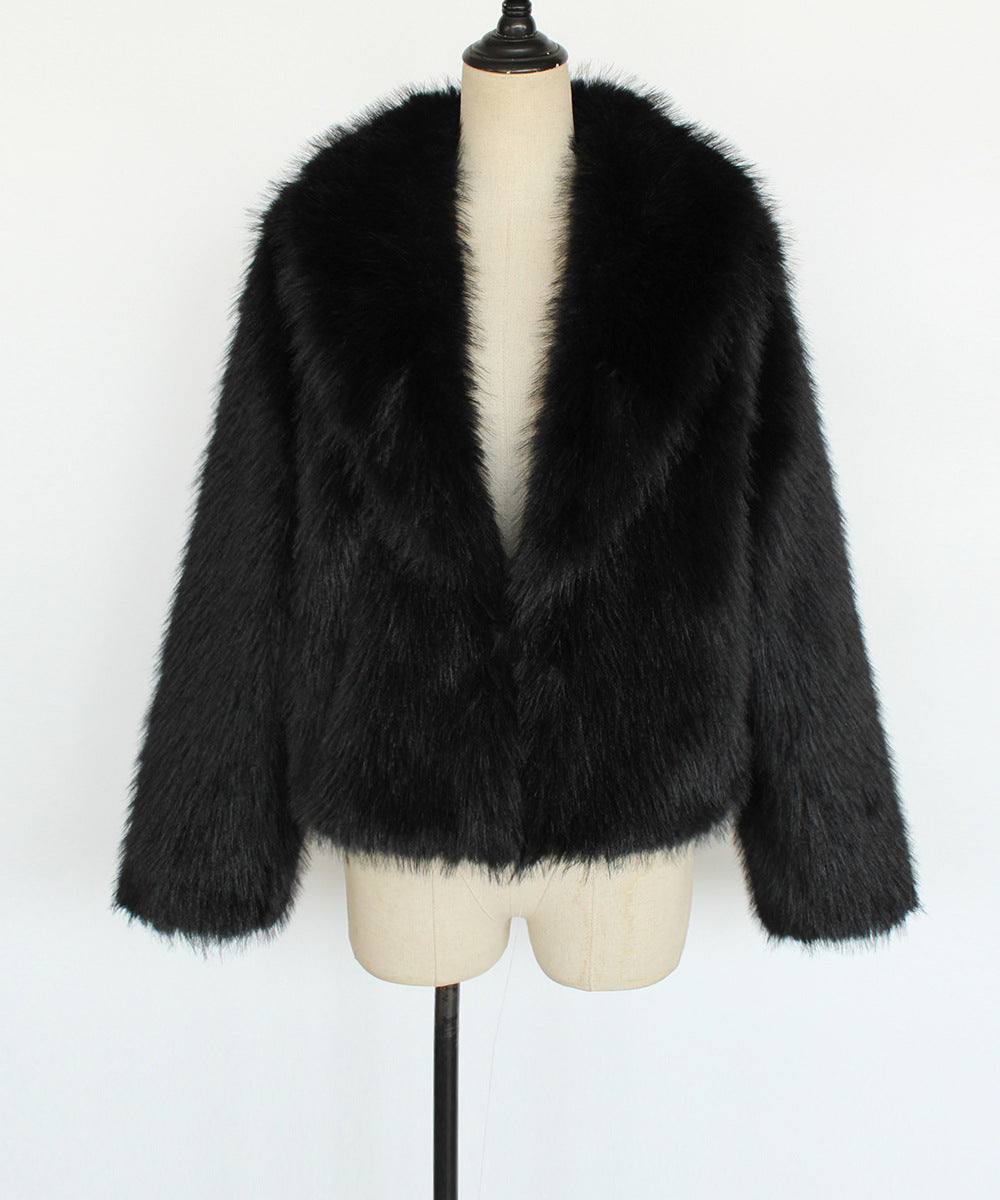 Cropped Shawl Collar Faux Fur Coat - Black