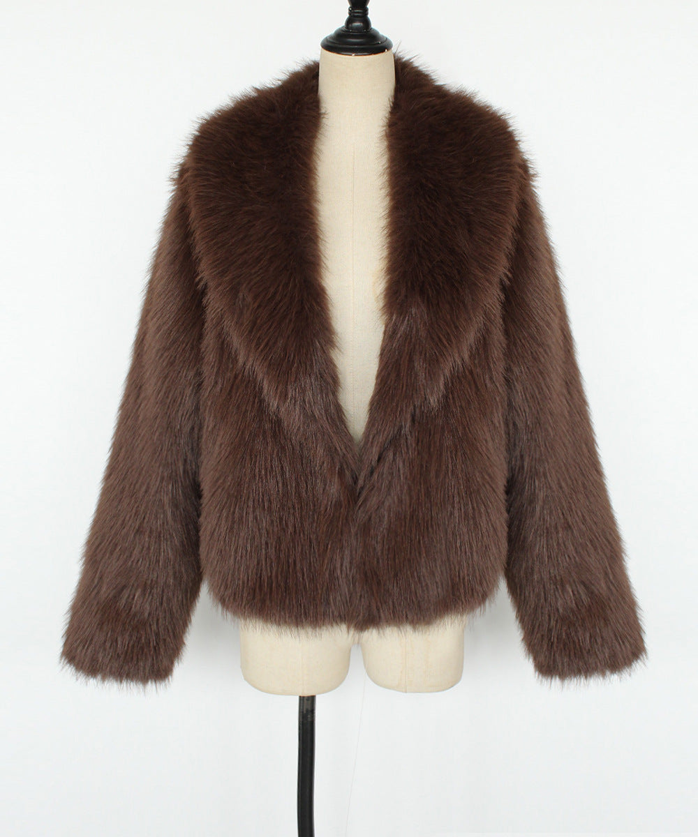 Cropped Shawl Collar Faux Fur Coat - Coffee - 1