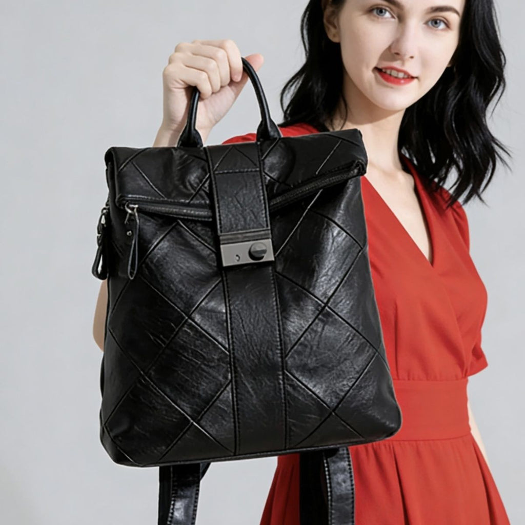 Diamond Stitch Vegan Leather Flap Backpack - Black