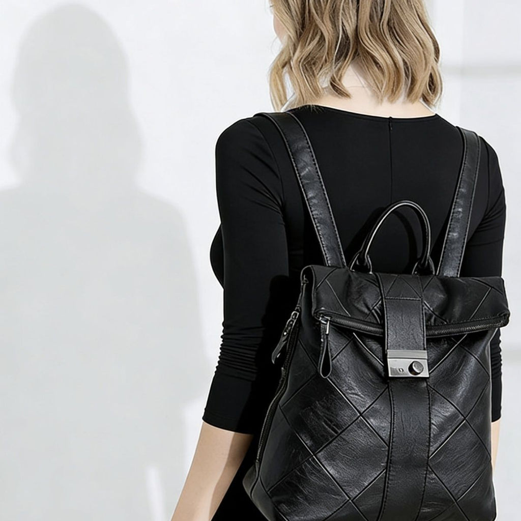 Diamond Stitch Vegan Leather Flap Backpack