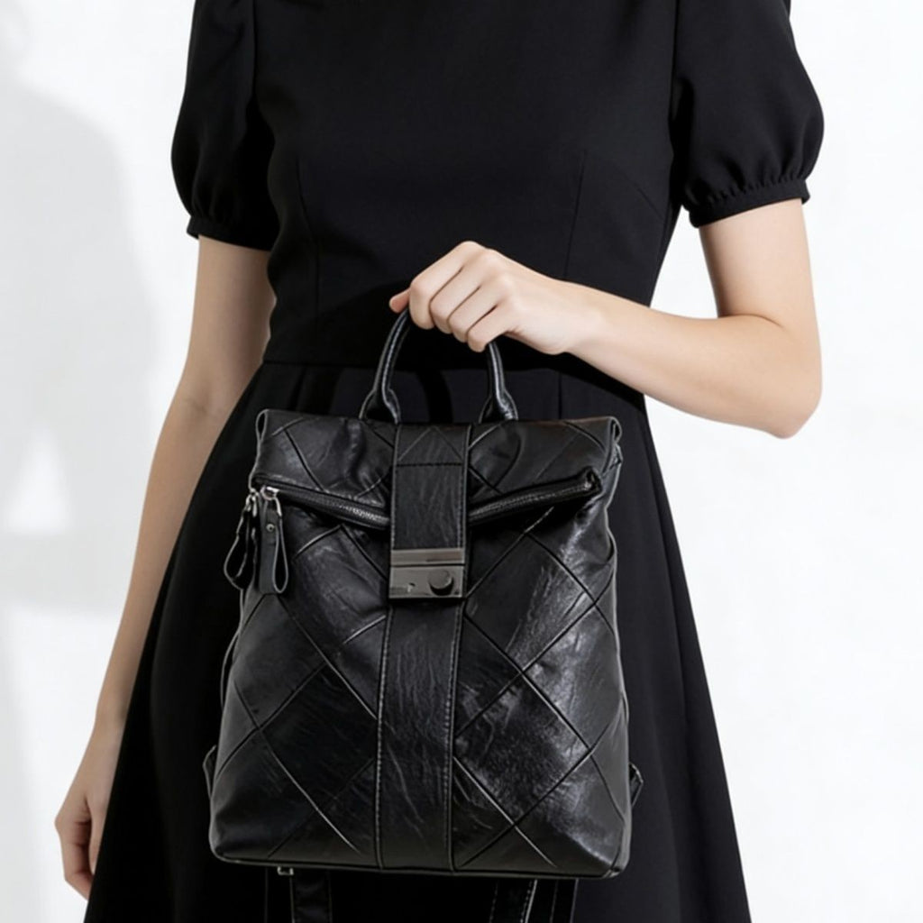 Diamond Stitch Vegan Leather Flap Backpack