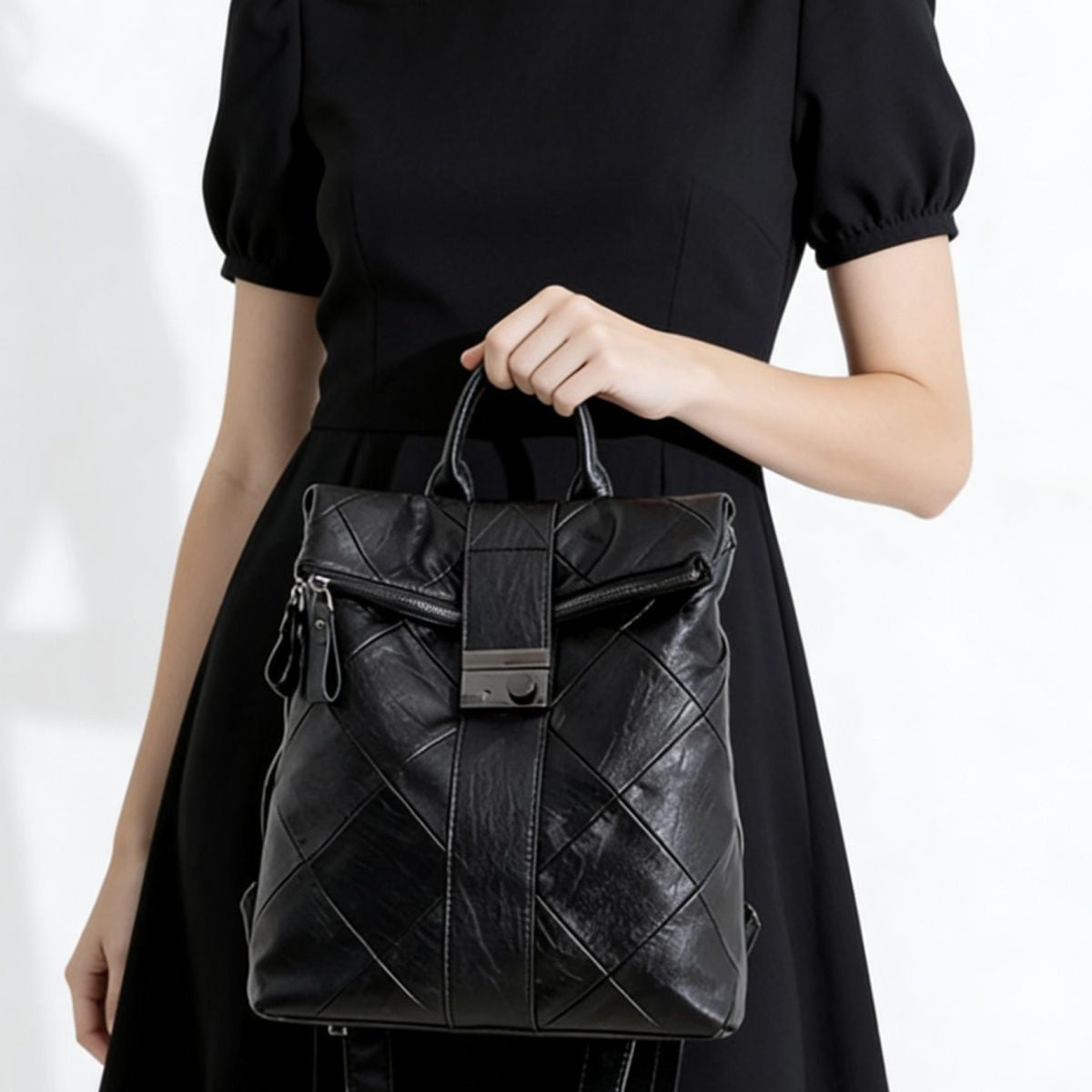 Diamond Stitch Vegan Leather Flap Backpack