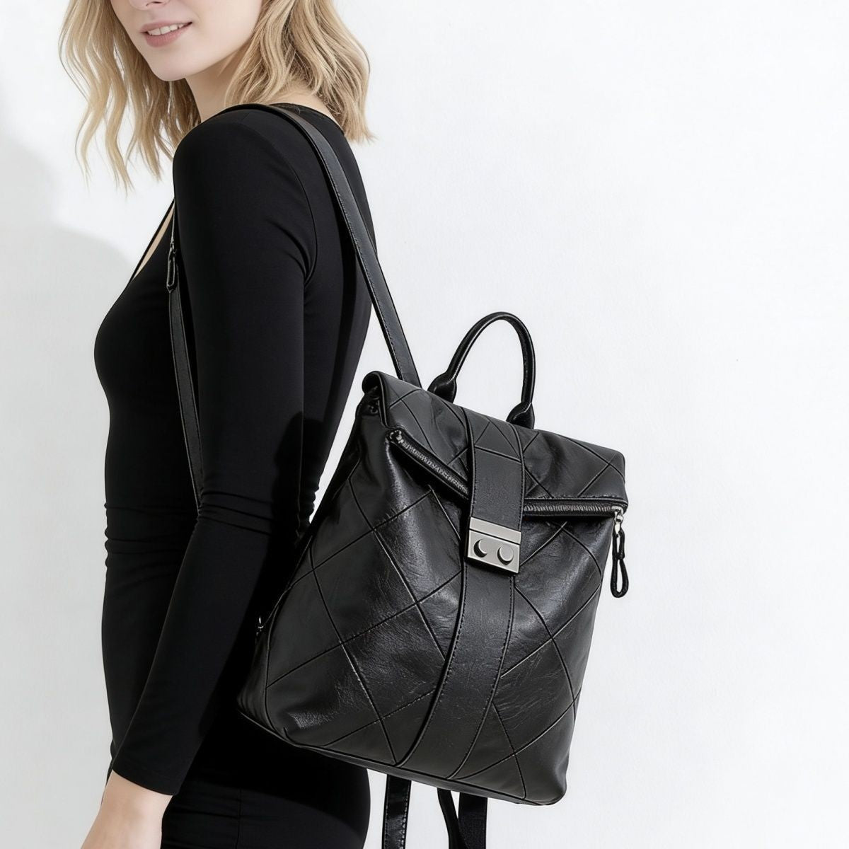 Diamond Stitch Vegan Leather Flap Backpack