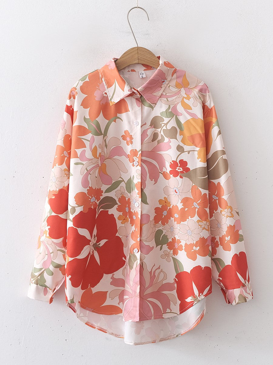 Retro Hibiscus Print Long Sleeve Shirt - Floral