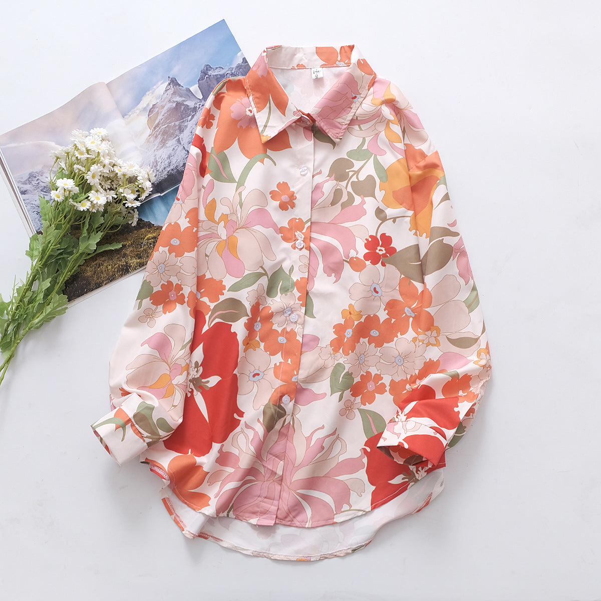 Retro Hibiscus Print Long Sleeve Shirt - Floral - 2