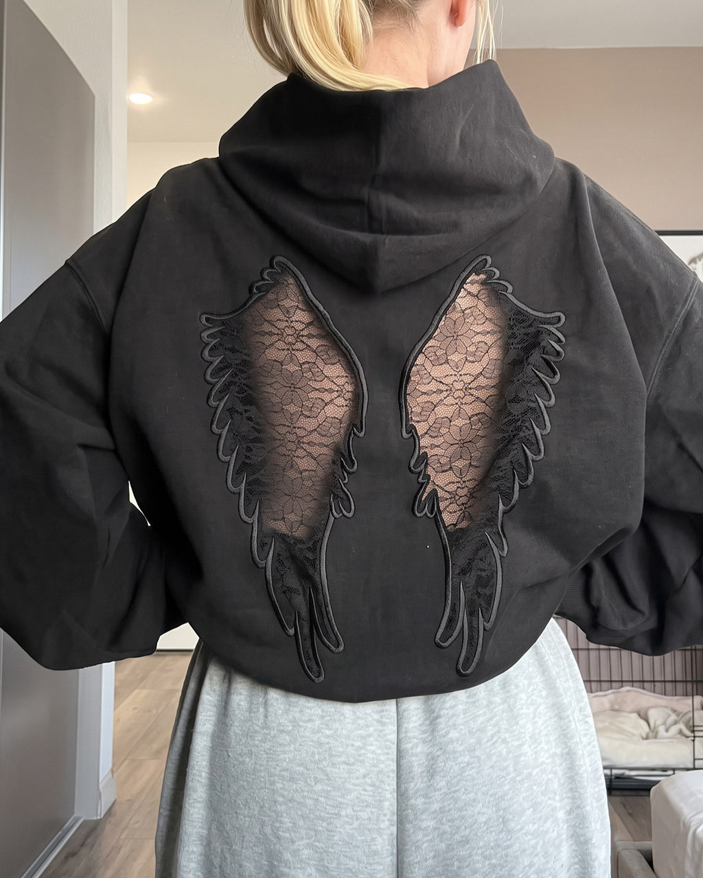 Sheer Lace Angel Wing Back Hooded Sweatshirt - Black