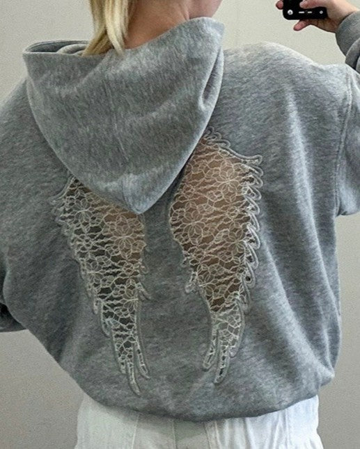 Sheer Lace Angel Wing Back Hooded Sweatshirt - Dark-Gray