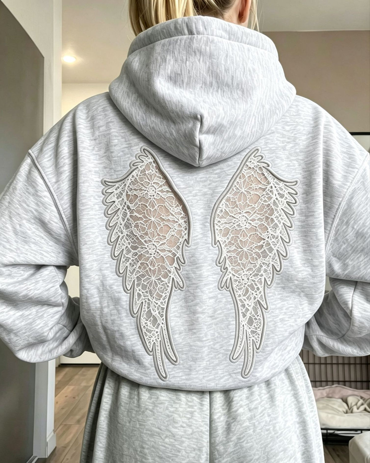 Sheer Lace Angel Wing Back Hooded Sweatshirt - Light-Gray