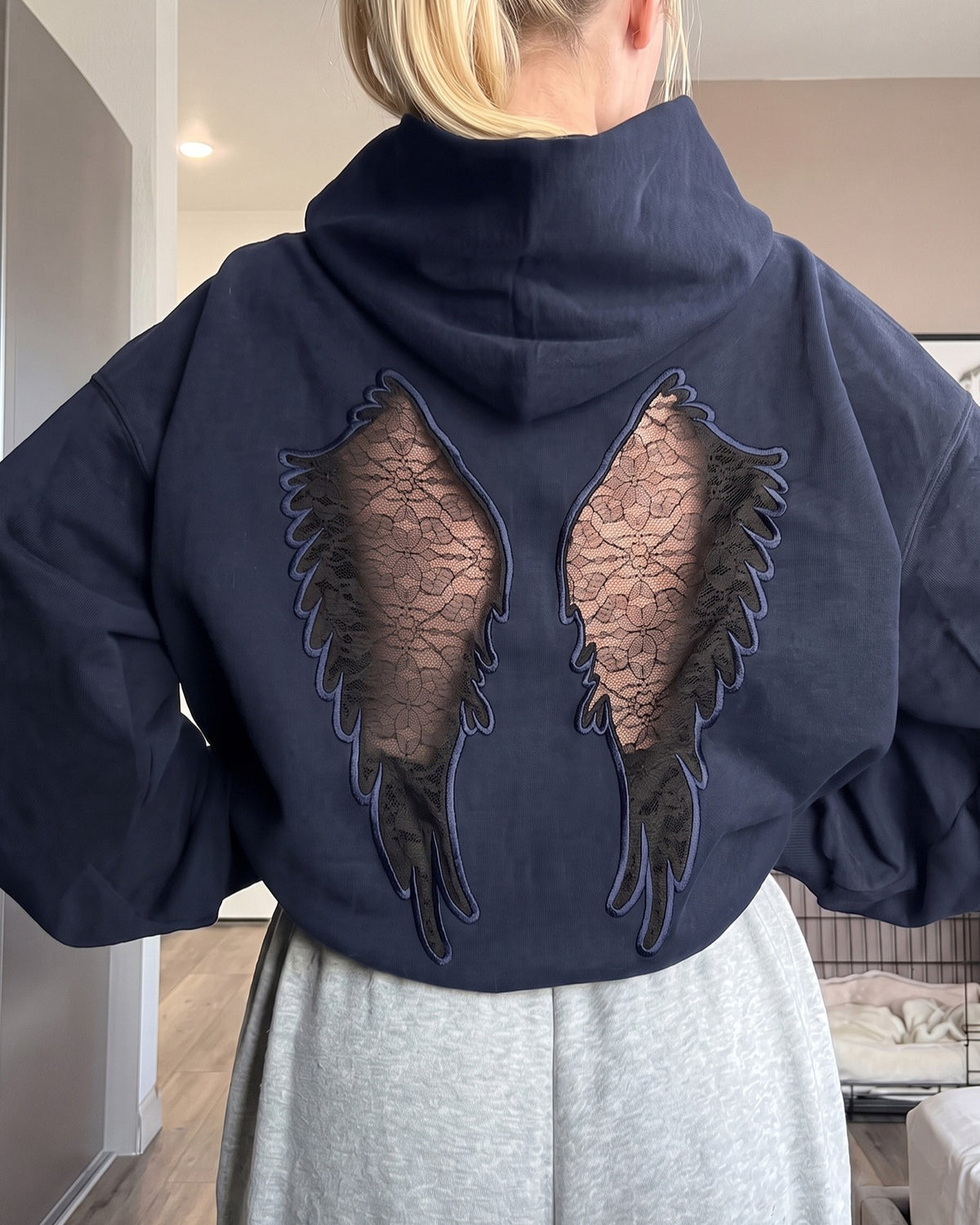 Sheer Lace Angel Wing Back Hooded Sweatshirt - Navy-Blue