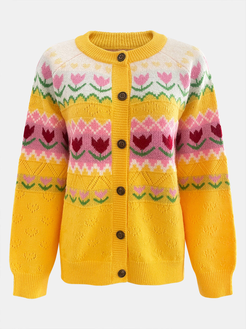 Tulip Fair Isle Knit Button Cardigan - Yellow