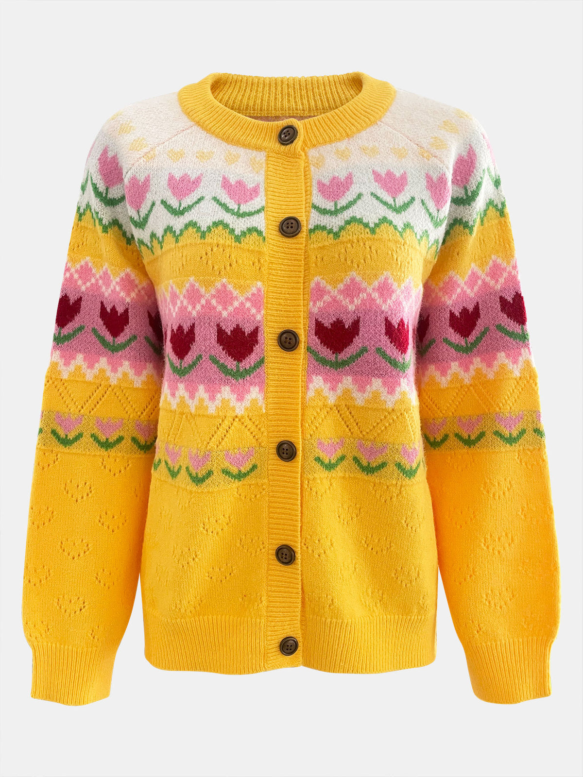 Tulip Fair Isle Knit Button Cardigan - Yellow