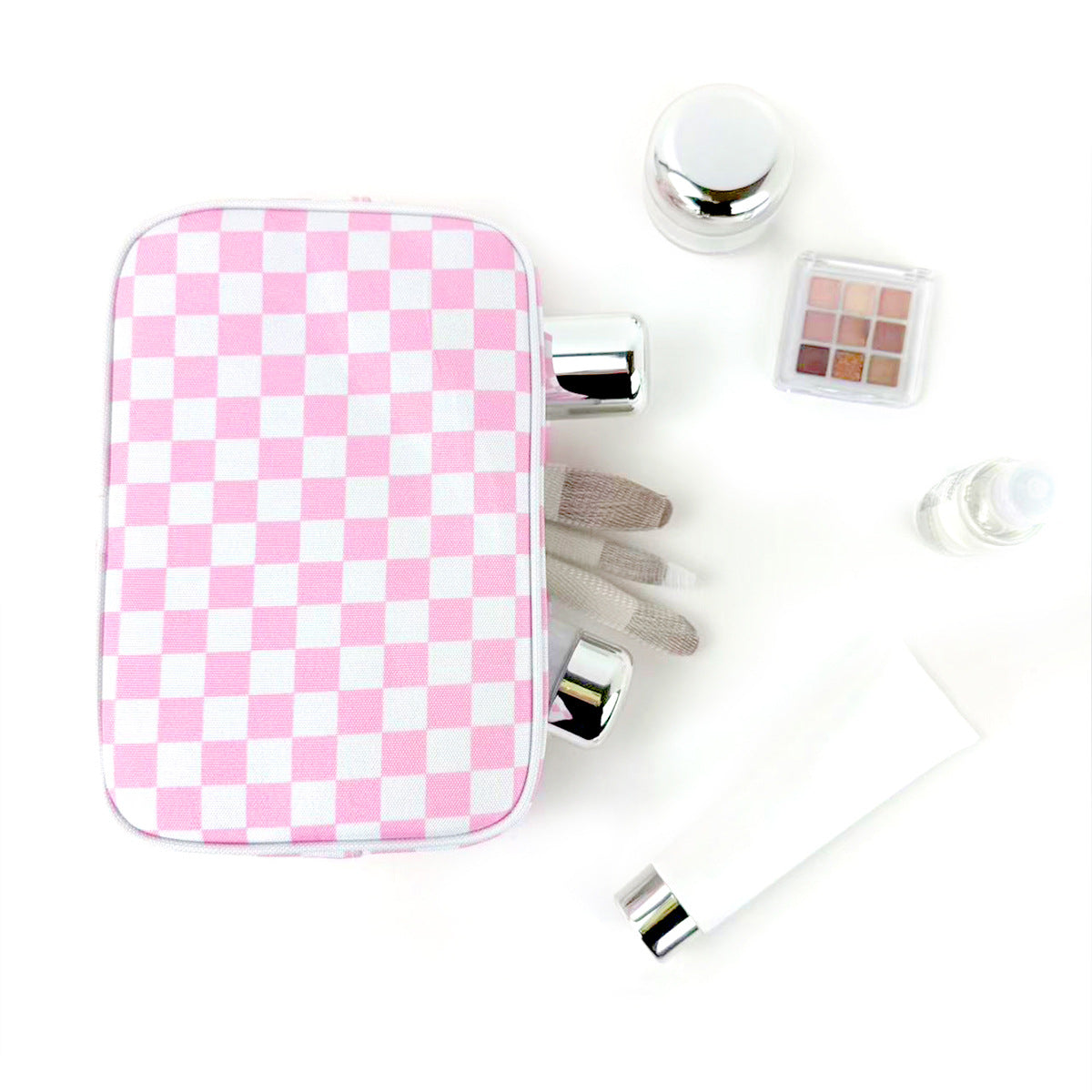 Checkerboard Canvas Makeup Bag - Pink with cosmetics