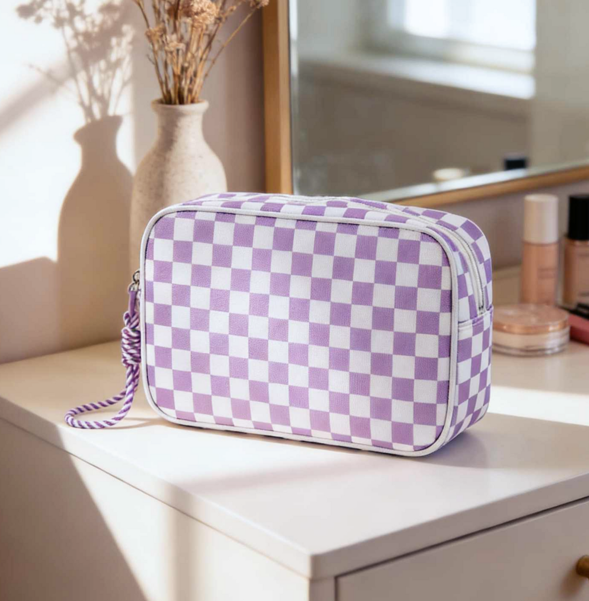 Checkerboard Canvas Makeup Bag - Purple lifestyle