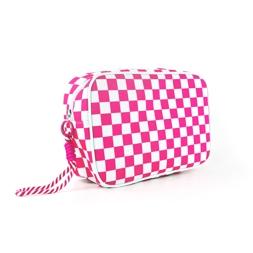 Checkerboard Canvas Makeup Bag - Rose Red