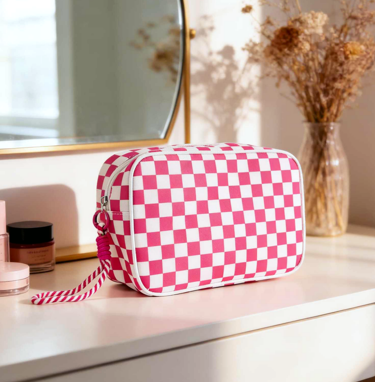 Checkerboard Canvas Makeup Bag - Rose Red lifestyle