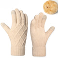 Diamond Jacquard Fleece Lined Knit Gloves - Beige