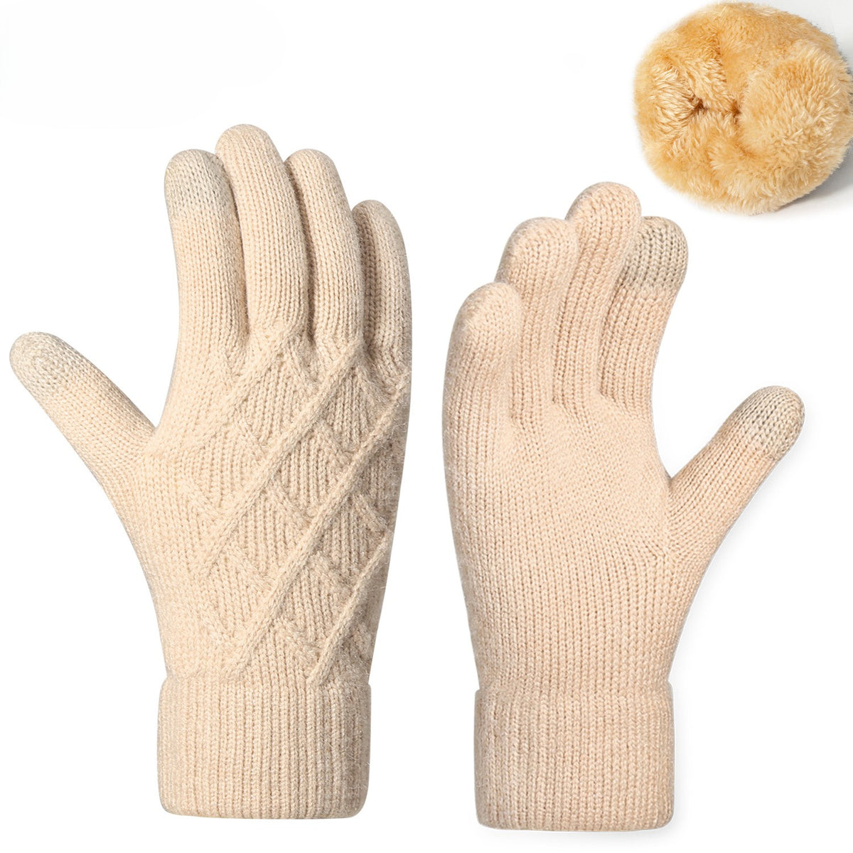 Diamond Jacquard Fleece Lined Knit Gloves - Beige