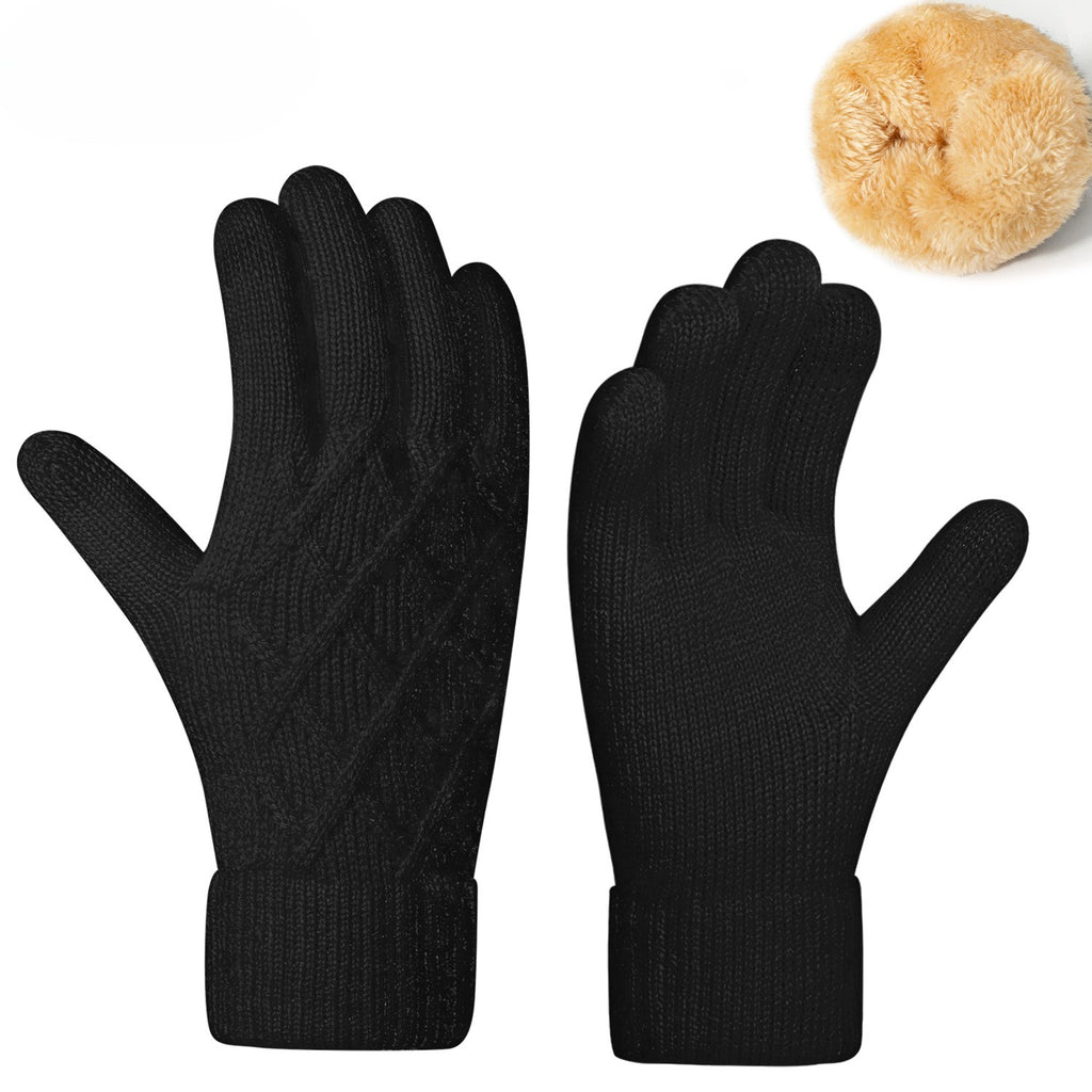 Diamond Jacquard Fleece Lined Knit Gloves - Black