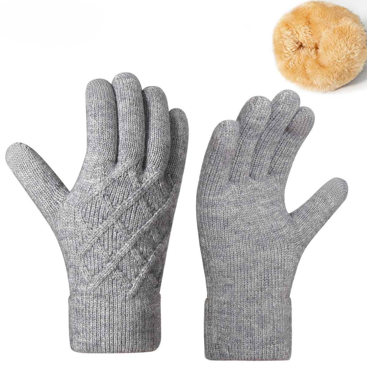 Diamond Jacquard Fleece Lined Knit Gloves - Gray