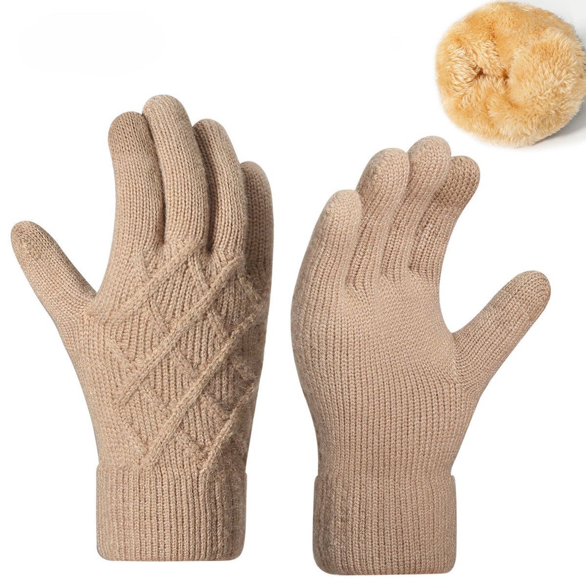 Diamond Jacquard Fleece Lined Knit Gloves - Khaki