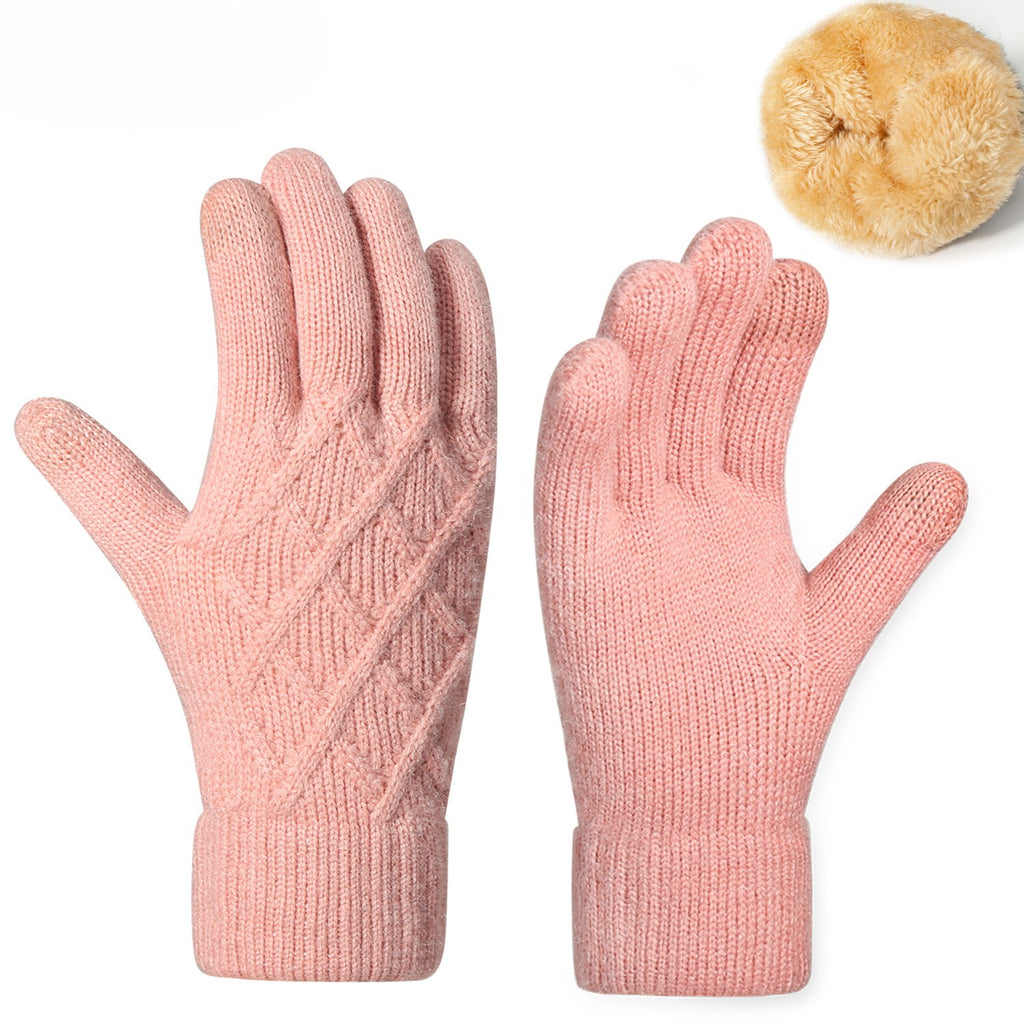 Diamond Jacquard Fleece Lined Knit Gloves - Pink