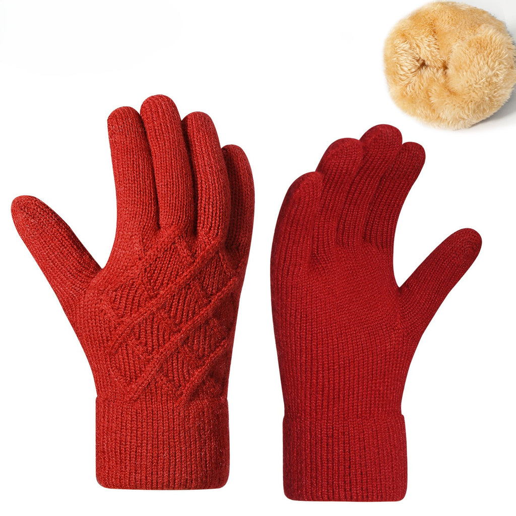 Diamond Jacquard Fleece Lined Knit Gloves - Red