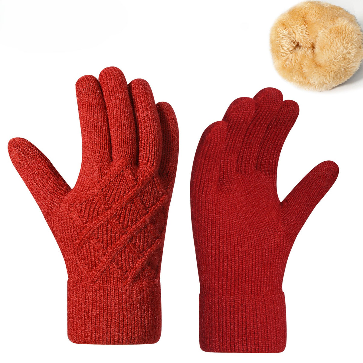 Diamond Jacquard Fleece Lined Knit Gloves - Red