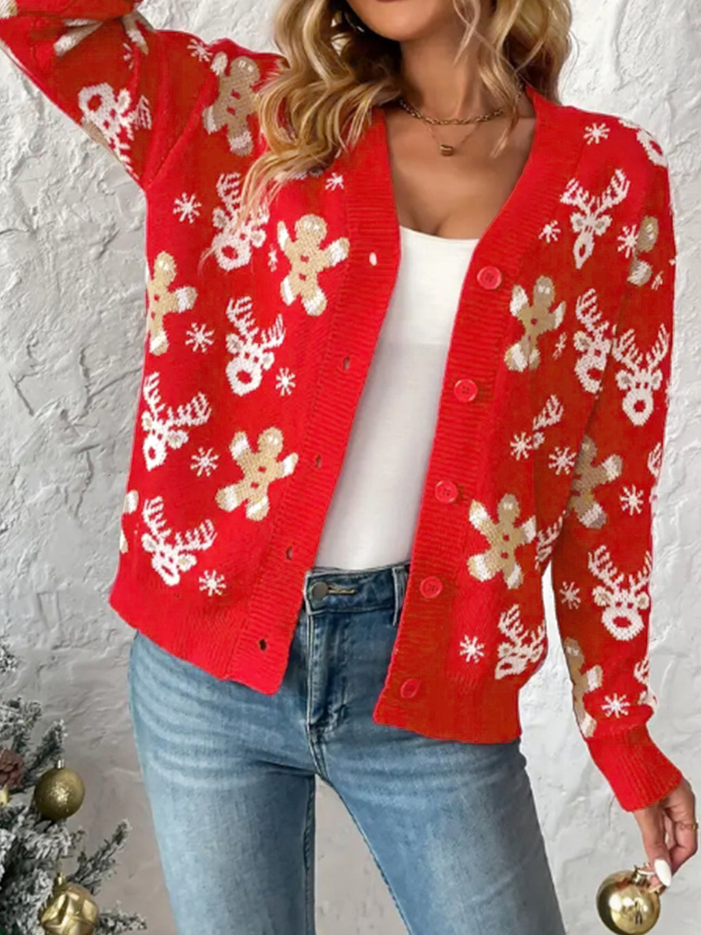 Red Reindeer Gingerbread Jacquard Knit V-Neck Cardigan - Red