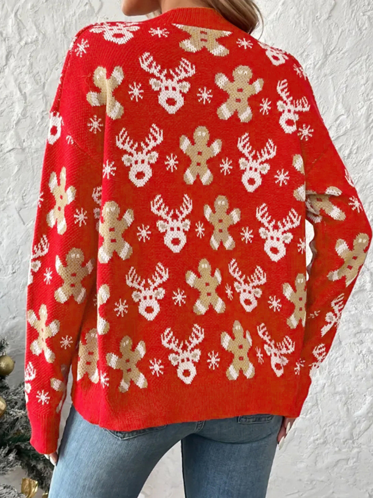 Red Reindeer Gingerbread Jacquard Knit V-Neck Cardigan - Red - 1